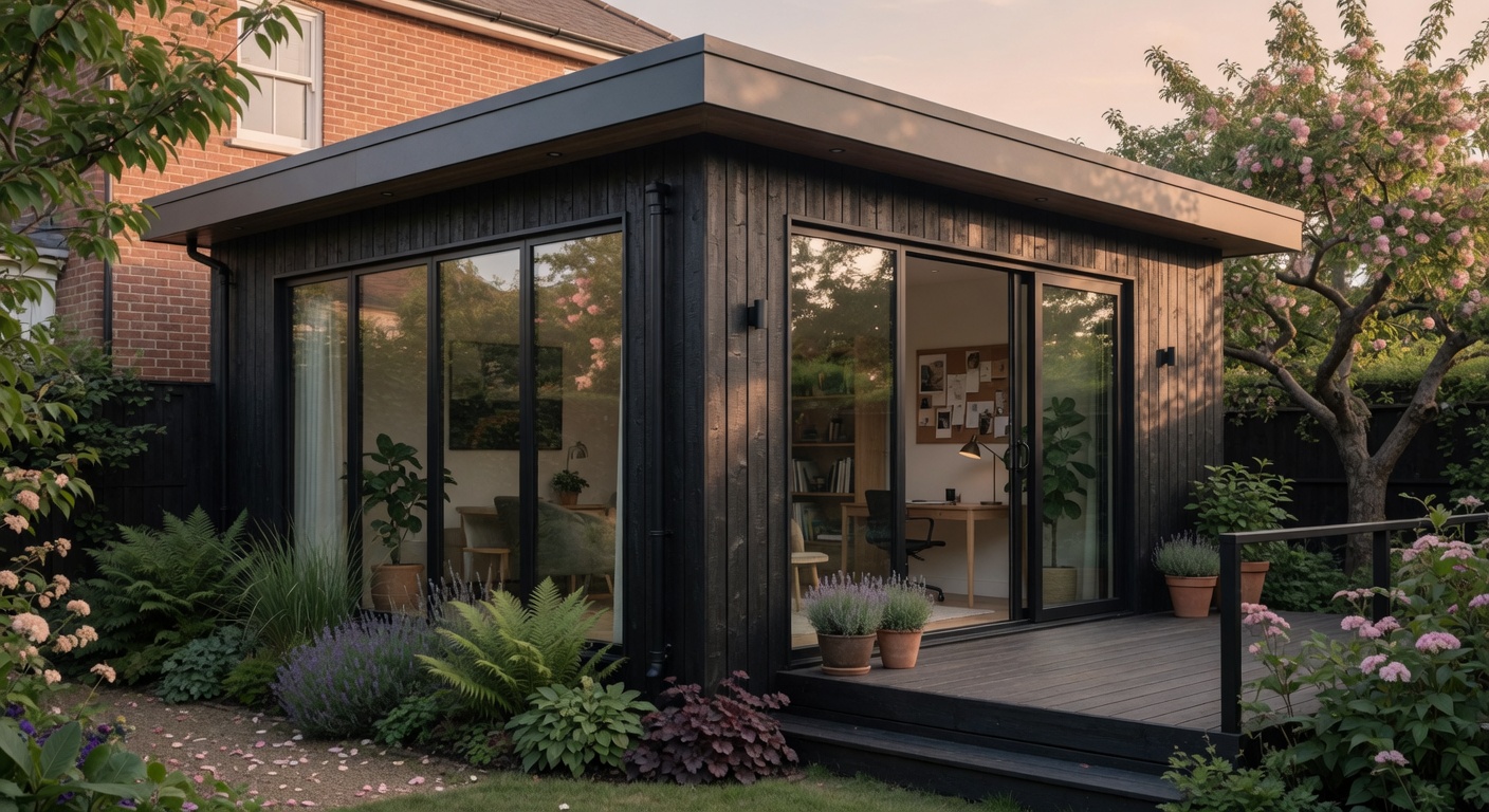 Contemporary garden room home office extension with timber cladding and large glazing in a mature British garden