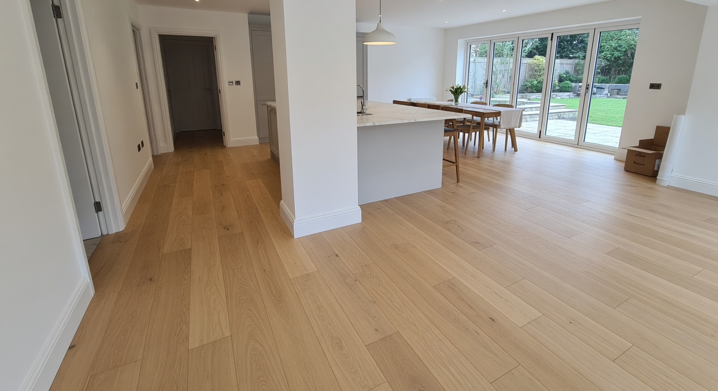 Beautiful wide-plank European oak flooring installed as part of a high-quality kitchen and dining refurbishment