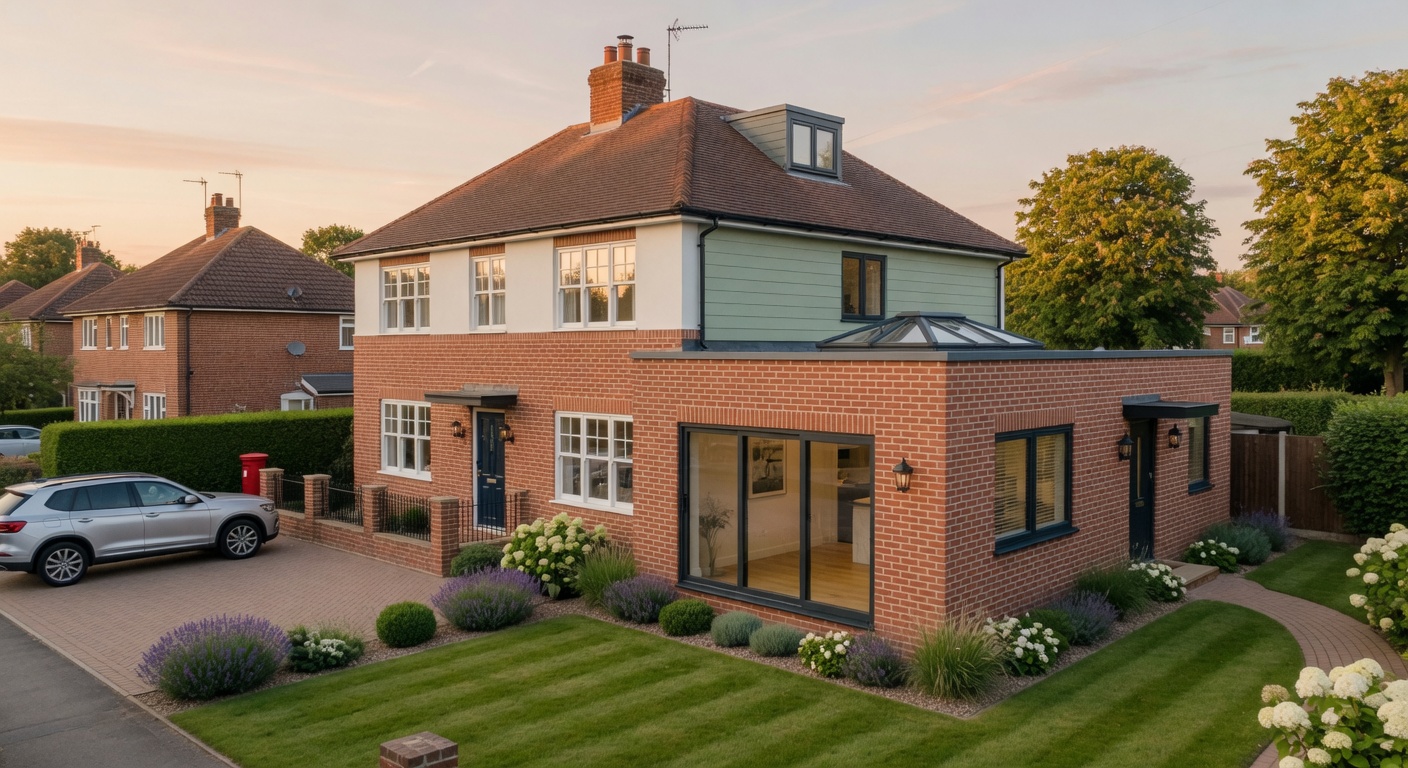 Charming UK family semi-detached home in Berkshire with a high-quality brick and timber side and rear extension, large modern windows, premium residential craftsmanship