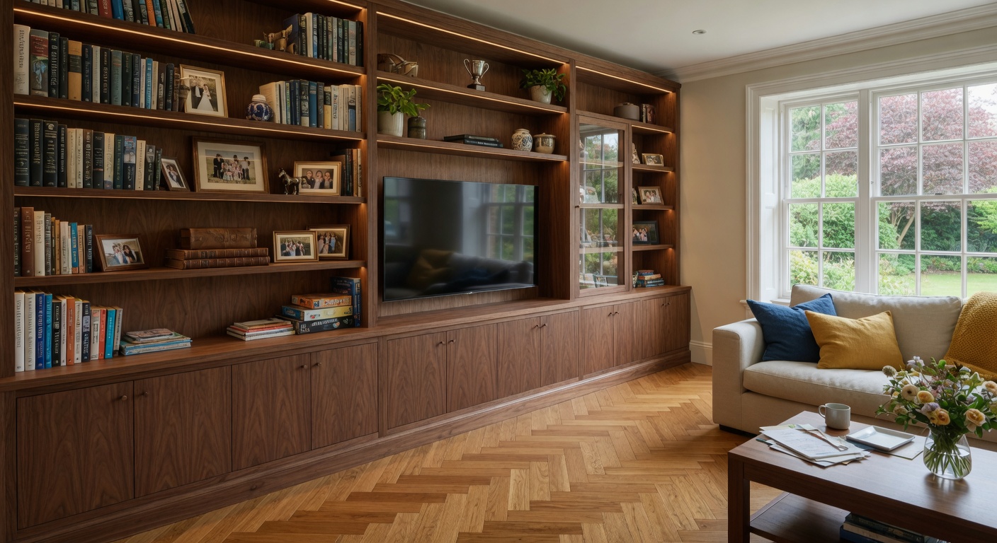 Floor-to-ceiling bespoke walnut built-in shelving and media unit in a warm family living room